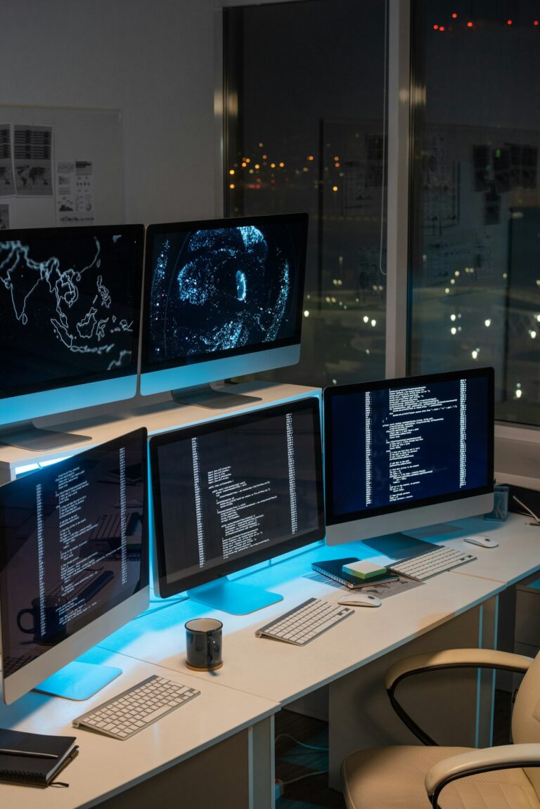 Desks with computer monitors in empty office at night time